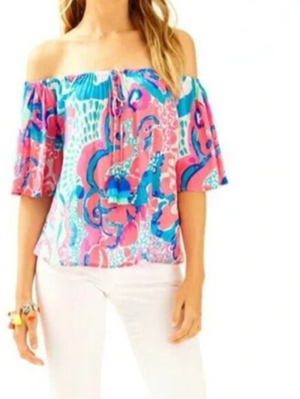 EUC Lilly Pulitzer off the shoulder SAIN top in coral reef im so jelly print